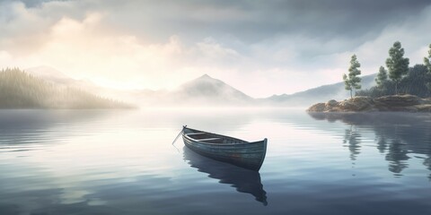 Wall Mural - boat drifts peacefully on serene lake, concept of Tranquility and Reflection, created with Generative AI technology