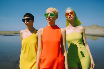 Fashion poster, young retro modern girls in summer dresses walking on the beach, friends on the hot summer sand on a warm sunny day. Generative AI.