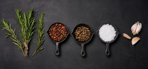 Wall Mural - Miniature pans with spices, salt, black pepper and fragrant pepper, a sprig of rosemary on a black table. Spices for cooking