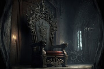 Wall Mural - Ancient dark throne with ornament in old dark castle, created with generative ai