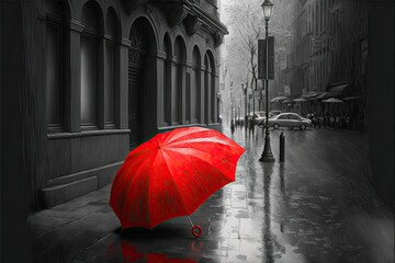 Poster - Bright red umbrella lying on greyscale city street in rain, created with generative ai