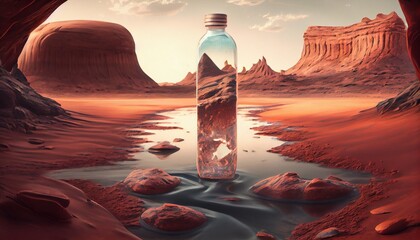 Wall Mural - water landscape on Mars planet, picturesque desert scene on the red planet (3d space illustration) Generative AI