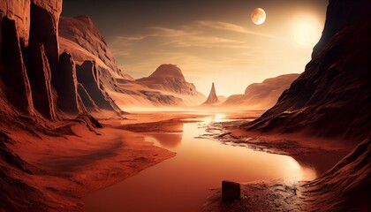 Wall Mural - water landscape on Mars planet, picturesque desert scene on the red planet (3d space illustration) Generative AI