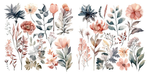 Wall Mural - Set of watercolor flowers leaves and twigs on a white background