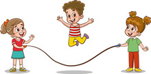 Happy Little Kids Having Fun. Vector Illustration Of Cute Kids Jumping Rope