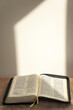 © say_now_ok_world - open bible on the table. light background, sunlight. enlightenment. faith, religion.
