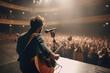 © GVS - Man performing and playing guitar on stage for a crowd of people. Generative AI