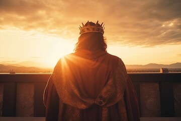 silhouette of a king in a crown against the backdrop of the sunset. generative ai