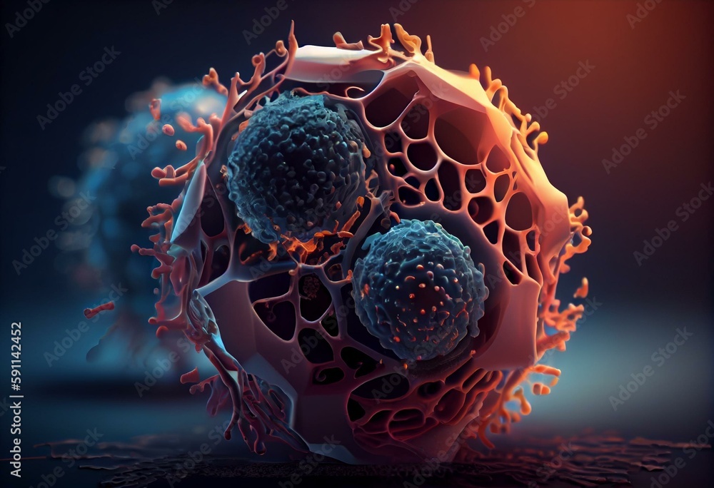 Cancer Cells destroyed by oncogenic virus, cell modifying virus, biological therapy agents 3d rendering. Generative AI