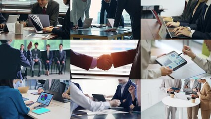 Fototapete - Collage movie of various business scenes. Transition from white background.