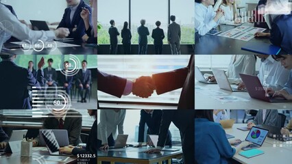 Fototapete - Collage movie of various business scenes. Transition from white background.