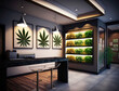 Cannabis dispensary interior Marijuana leaves background with flat vintage style 