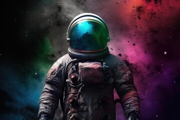 Wall Mural - Astronaut in outer space. Man in spacesuit and helmet with colorful paints. Generative AI