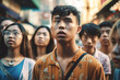 © wetzkaz - a group of asian people in a narrow side street with critical or negatively surprised facial expressions, problematic fictional situation. Generative AI