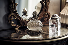 An Ornate Perfume Bottle Was Placed On A Dressing Table - Generative Ai.
