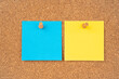 © gamjai - The Blank yellow and blue color sticky note paper and wooden thumbtack on wooden background.
