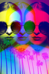 Holiday and style concept. Studio portrait of beautiful woman with classic hairstyle and sunglasses. Model face reflection and palm tree composition. Red, green and blue color split effect applied