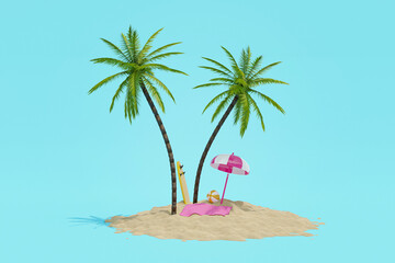 Sticker - Realistic 3d collage of beautiful tropical island with coconut palm tree sunbathing surfing stuff perfect relax on summer vacation