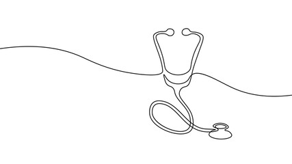 Medicine stethoscope single continuous line art. Health care World Day medical science research doctor nurse equipment silhouette concept design one sketch online drawing white vector illustration