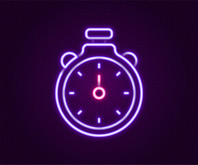 Sticker - Glowing neon line Stopwatch icon isolated on black background. Time timer sign. Chronometer sign. Colorful outline concept. Vector