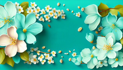 Wall Mural - Happy Mother’s Day or Women’s Day greeting card with beautiful flowers on a turquoise background and copy space for your text, generative AI