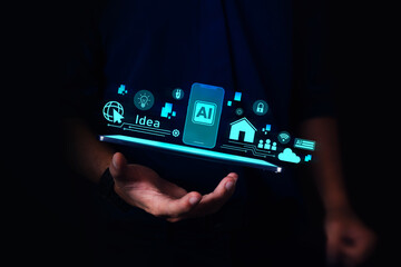 Smart home system and Artificial intelligence concept. hologram digital chatbot, application, conversation assistant, digital chatbot on virtual screen. Futuristic technology transformation.
