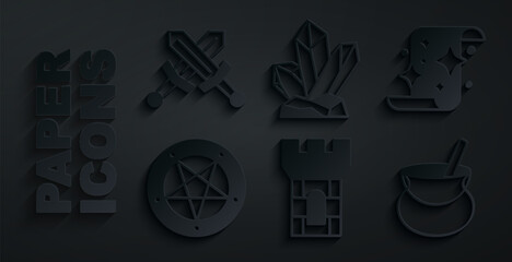 Sticker - Set Castle tower, Magic scroll, Pentagram in circle, Witch cauldron, stone and Crossed medieval sword icon. Vector