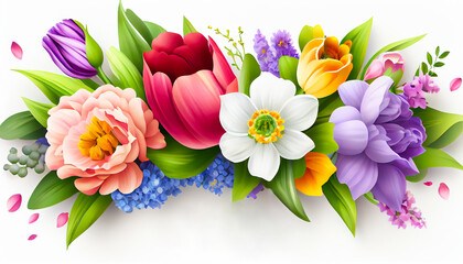 Wall Mural - Happy Mother’s Day or Women’s Day greeting card with a bouquet of beautiful flowers on a white background and copy space for your text, generative AI