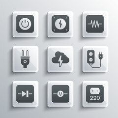 Poster - Set Voltmeter, Electrical outlet, extension, Cloud and lightning, Diode electronic circuit, plug, Power button and Resistor icon. Vector