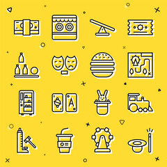 Sticker - Set line Magic hat and wand, Toy train, Amusement park map, Seesaw, Comedy tragedy masks, Bottles ball, Stacks paper money cash and Burger icon. Vector