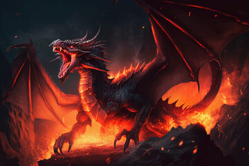 Wall Mural - Fire breathes explode from a giant dragon in a black night Generative AI