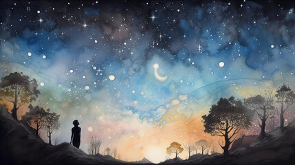 depicting a fantastical celestial scene with planets, stars and constellations filling the night sky. A figure gazes up in wonder Generative AI