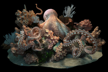 Wall Mural - Image for ocean floor. Underwater world Octopus corals, Generative AI