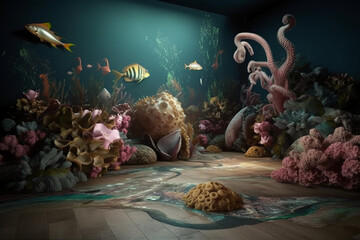 Wall Mural - Image for ocean floor. Underwater world Octopus corals, Generative AI
