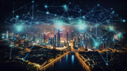 Wall Mural - Imaginative visual of smart digital city with globalization abstract graphic showing connection network . Concept of future 5G smart wireless digital city and social media networking Generative AI