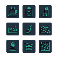 Sticker - Set line Winter athlete, Cable car, Route location, Thermos container, Ice hockey stick and puck, Shovel snowdrift, Hot chocolate cup and Mountain descent icon. Vector