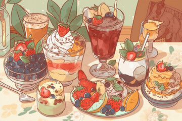 Wall Mural - simple CAFE food children's illustration idyllic cute adorable kawaii anime Generative AI