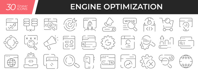 Engine optimization linear icons set. Collection of 30 icons in black