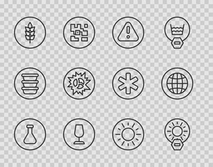 Sticker - Set line Test tube and flask, No direct sunlight, Exclamation mark in triangle, Fragile broken glass, Wheat, Bomb explosion, Sun and Social network icon. Vector