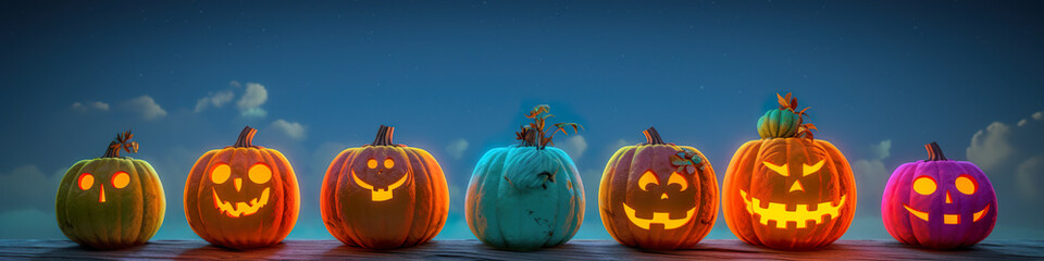 Pastel colored cute halloween jack o'lantern pumkins, lights inside, with evening forest behind, AI generative panoramic banner