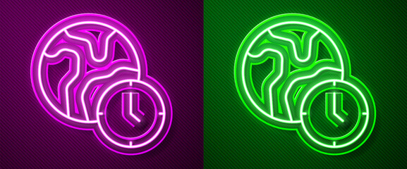 Poster - Glowing neon line World time icon isolated on purple and green background. Vector