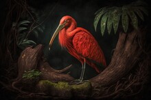 Red Ibis Perched On A Tree Log Against A Foreboding Forest Backdrop. Generative AI