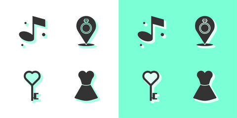 Sticker - Set Woman dress, Music note, Key in heart shape and Wedding rings icon. Vector