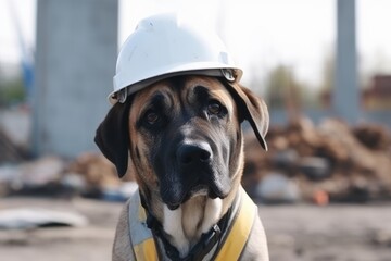 Wall Mural - Engineer dog in a work helmet on a construction site. Construction of a large house from cement and building materials, Generative AI