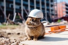 Engineer Rabbit In A Work Helmet On A Construction Site. Construction Of A Large House From Cement And Building Materials, Generative AI