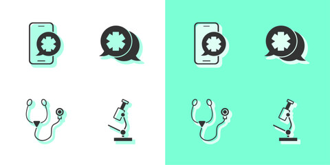 Sticker - Set Microscope, Emergency phone call, Stethoscope and Dialogue with the doctor icon. Vector