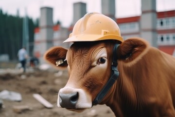 Wall Mural - Engineer cow in a work helmet on a construction site. Construction of a large house from cement and building materials, Generative AI