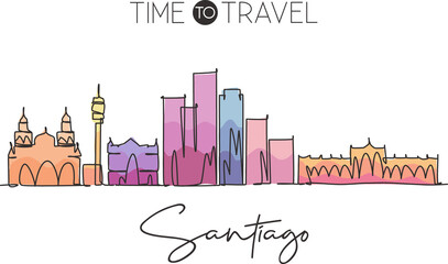 One continuous line drawing Santiago city skyline, Chile. Beautiful landmark. World landscape tourism and travel vacation postcard. Editable stylish stroke single line draw design vector illustration