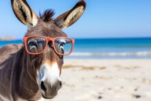 A Donkey With Glasses On The Beach Basks In The Summer Sun On The Beach. Animal On Warm Sand Surrounded By Sea Water, Generative AI