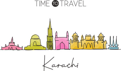 Wall Mural - Single continuous line drawing Karachi city skyline, Pakistan. Famous city scraper and landscape home wall decor poster print art. World travel concept. Modern one line draw design vector illustration